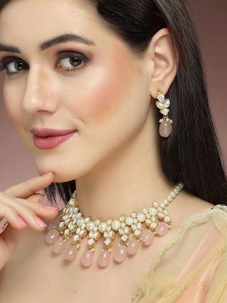 Karatcart Gold Plated Pink Tumble and Pearl Studded Kundan Necklace Set