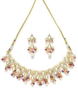 Karatcart Gold Plated Pink and Purple Crystal Kundan Necklace Set for Women